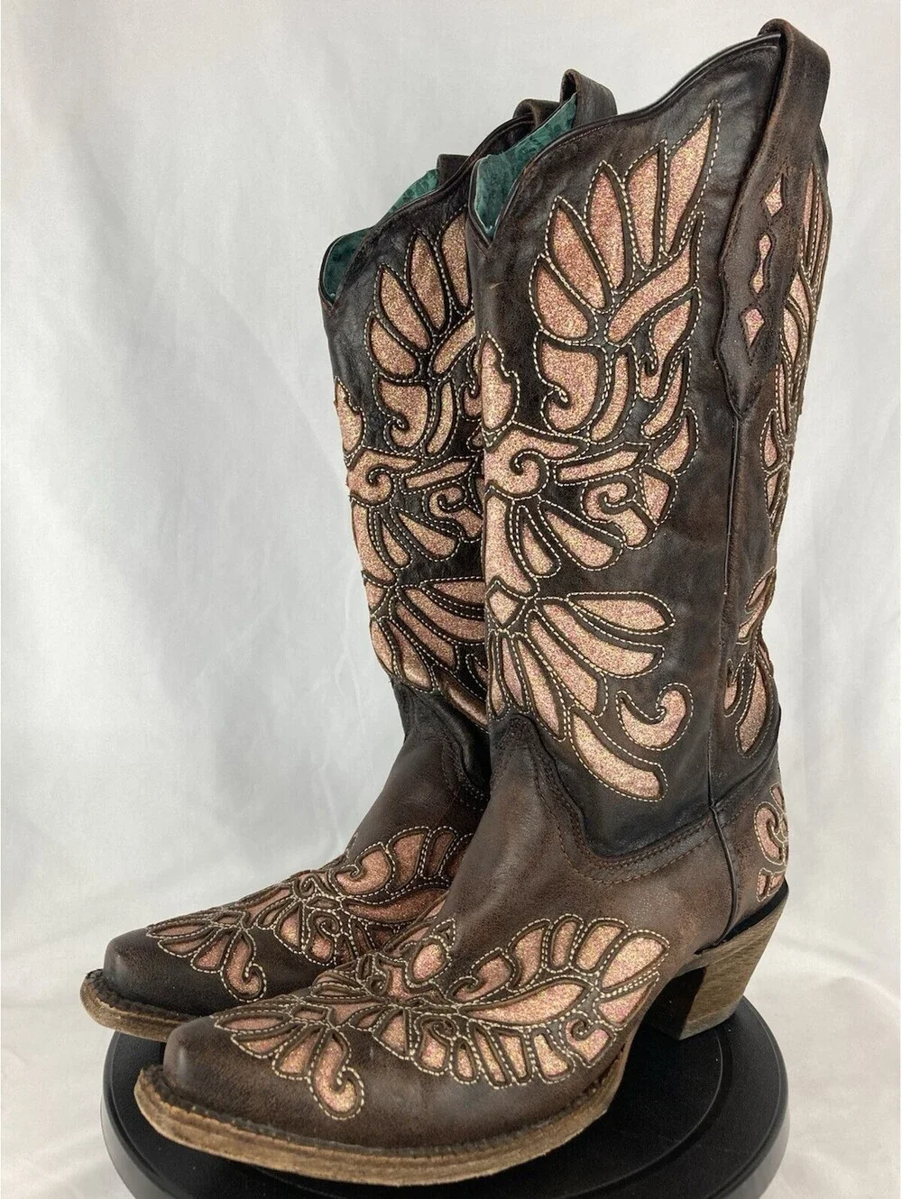 Women’s Size 9 Corral Brown Leather Pink Glitter Wing Inlay Cowboy Boots A3539